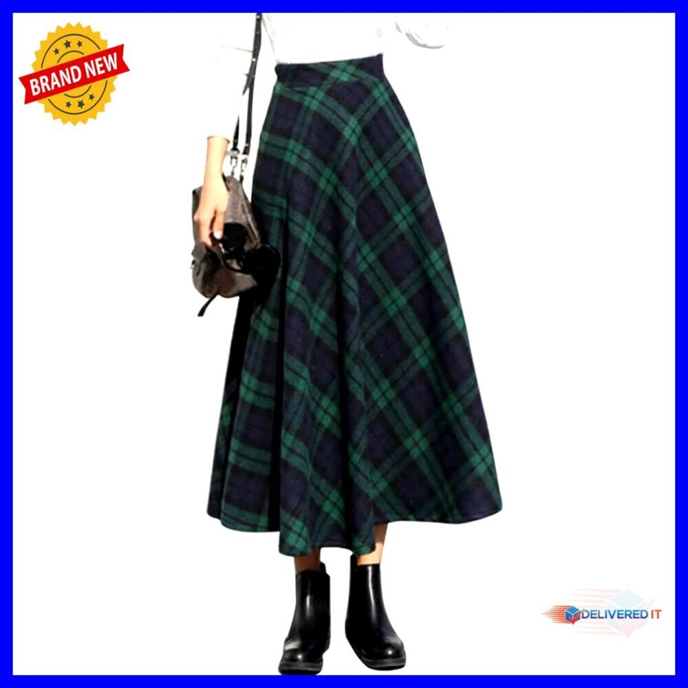Wool Plaid Maxi Skirt Elastic Waist A-Line Pleated Long Skirt